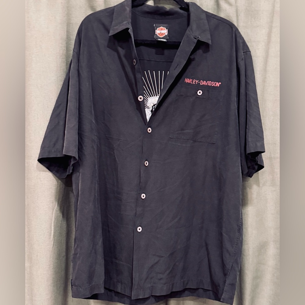 Harley-Davidson Black Silk Blend Button Down Shirt Biker Embroidered Size XL - Picture 2 of 7